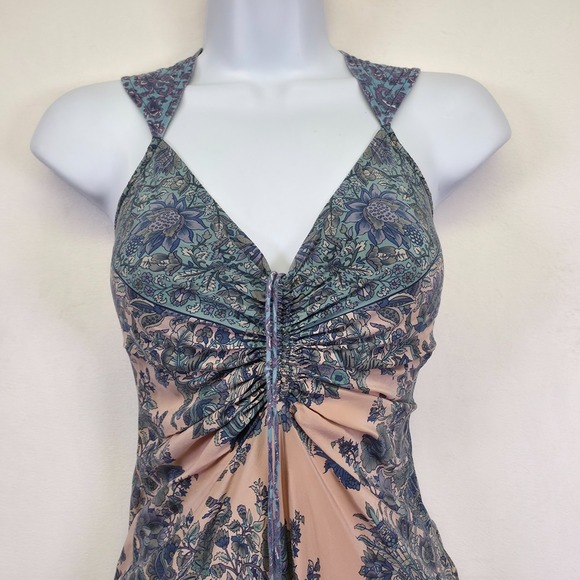 Plenty Dress Womens 4 Blue Pink Silk Chiffon Floral Paisley Ruched Timeless Midi - Picture 16 of 16